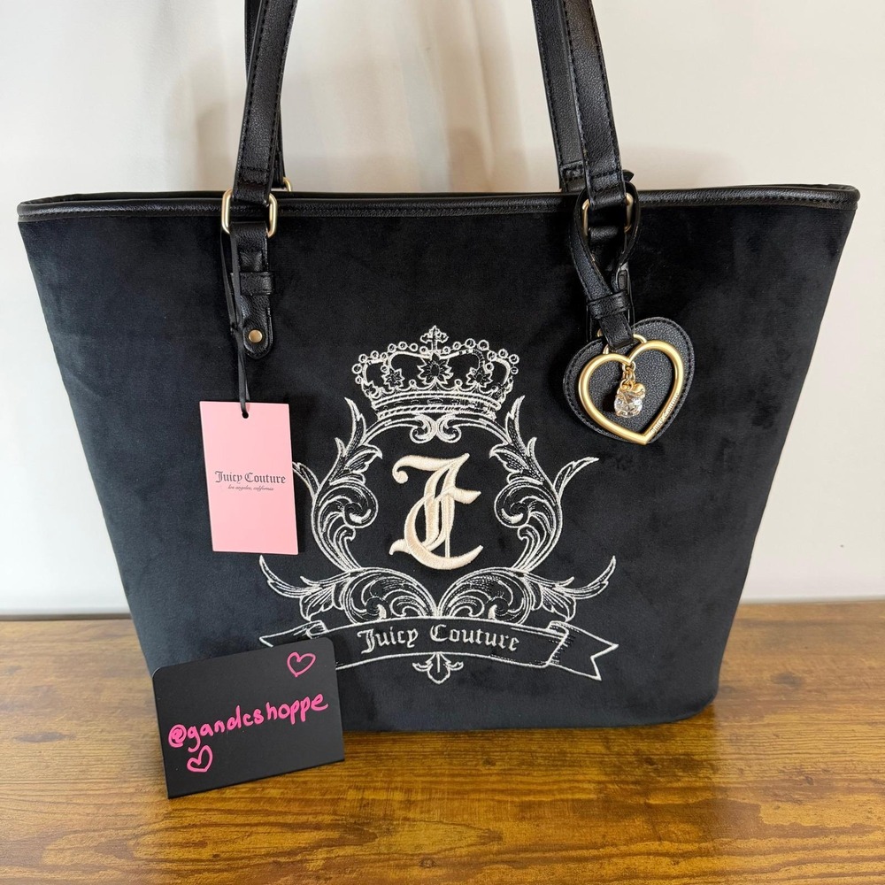 New Juicy Couture Need More Large Tote Shoulder Handbag Black Charm Y2K Gothic